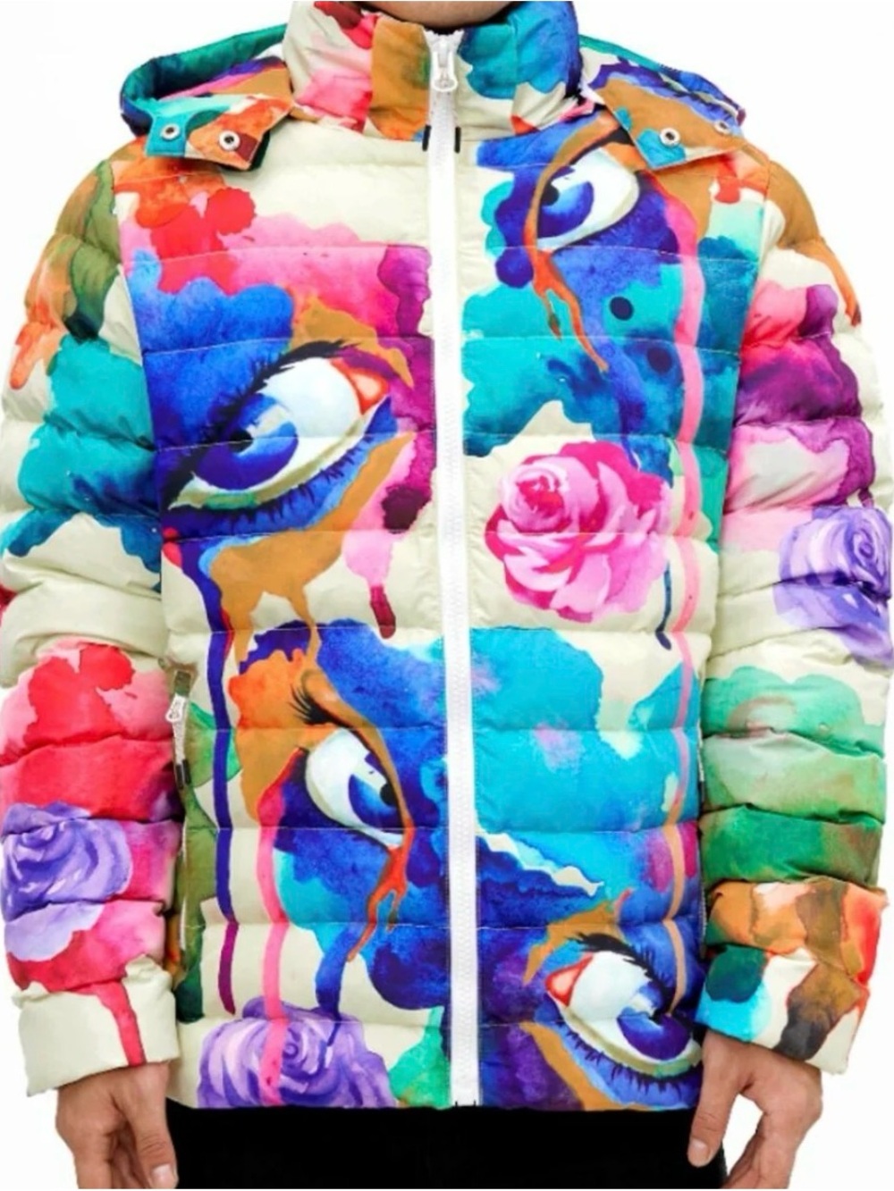 ROKU Studio Botanical Eyes Bubble Puffer Jacket Mens M Multicolor Hooded